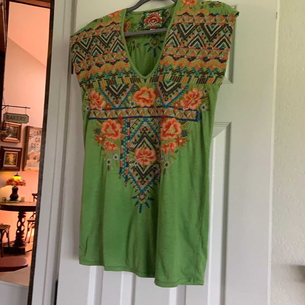 Johnny Was embroidered cap sleeve tee